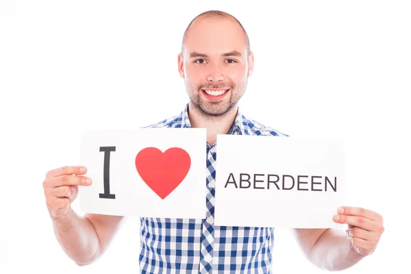 Homme avec signe de la ville Aberdeen . — Photo