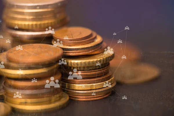 Concepto Crecimiento Económico Collage Con Pilas Monedas Cartas Financieras Pantalla —  Fotos de Stock