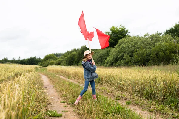 Girl Wrapped Large Canadian Flag Outdoor — Φωτογραφία Αρχείου