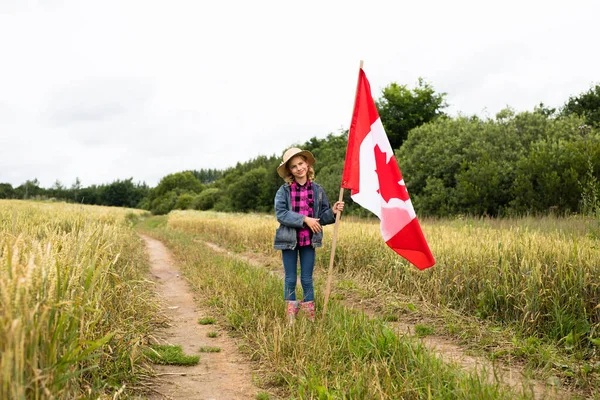 Girl Wrapped Large Canadian Flag Outdoor — Stock Photo, Image
