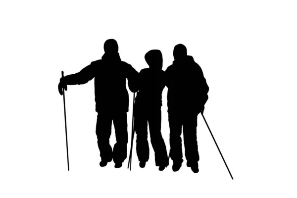白い背景に隔離された2人の男性とスキーポールを持つ女性のシルエット — ストック写真