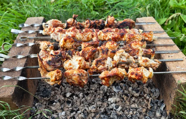 Shish kebab: rodajas de carne con salsa preparándose al fuego — Foto de Stock