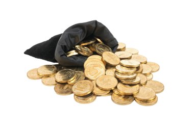 beyaz zemin üzerine çantada para sikke