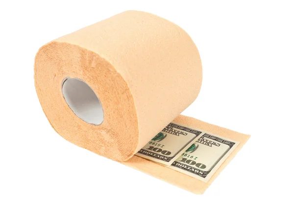 Rollen wc-papier en geld geïsoleerd op witte achtergrond — Stockfoto