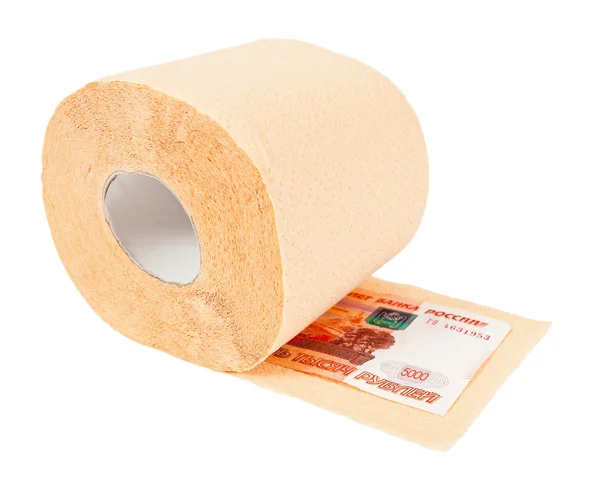 Roll of toilet paper and money isolated on white background — Stock Photo, Image