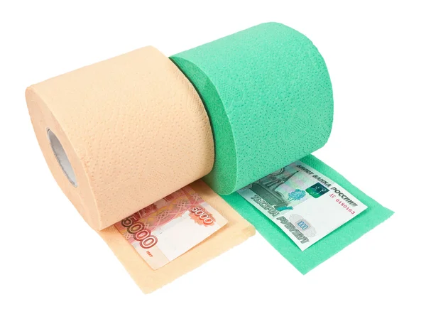 Rollen Toilettenpapier und Geld isoliert auf weißem Hintergrund — Stockfoto
