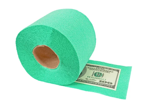 Rollen wc-papier en geld geïsoleerd op witte achtergrond — Stockfoto