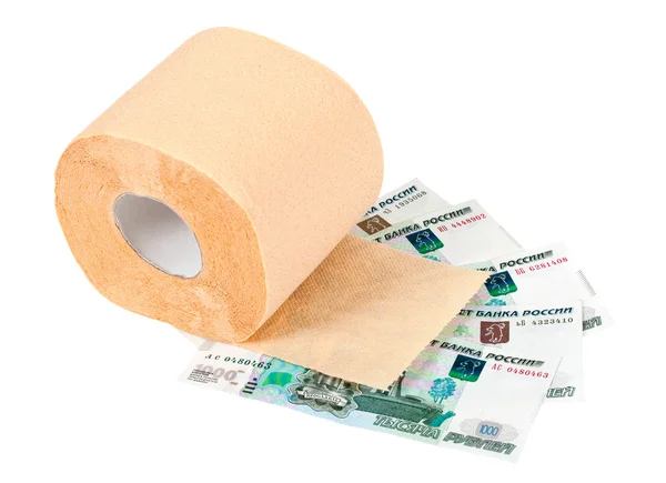 Roll of toilet paper and money isolated on white background — Stock Photo, Image