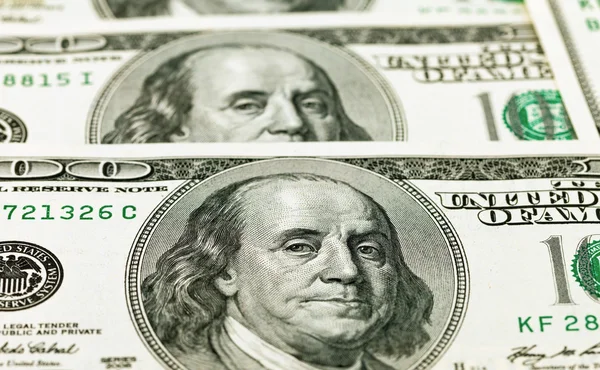 Detalj av benjamin franklin på 100 dollar bill — Stockfoto
