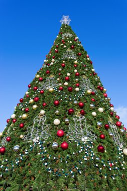 Noel dekorasyonu üzerine mavi gökyüzü ile firtree