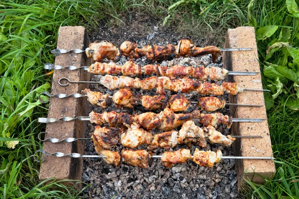 Shish kebab sur le four improvisé en brique — Photo