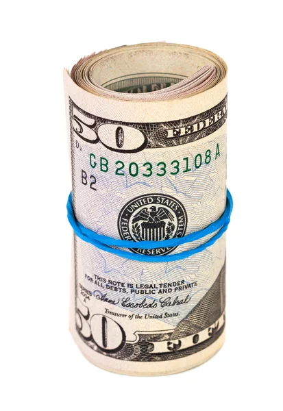 Roll of US dollar wrapped by rubber over white background — Stock Photo, Image