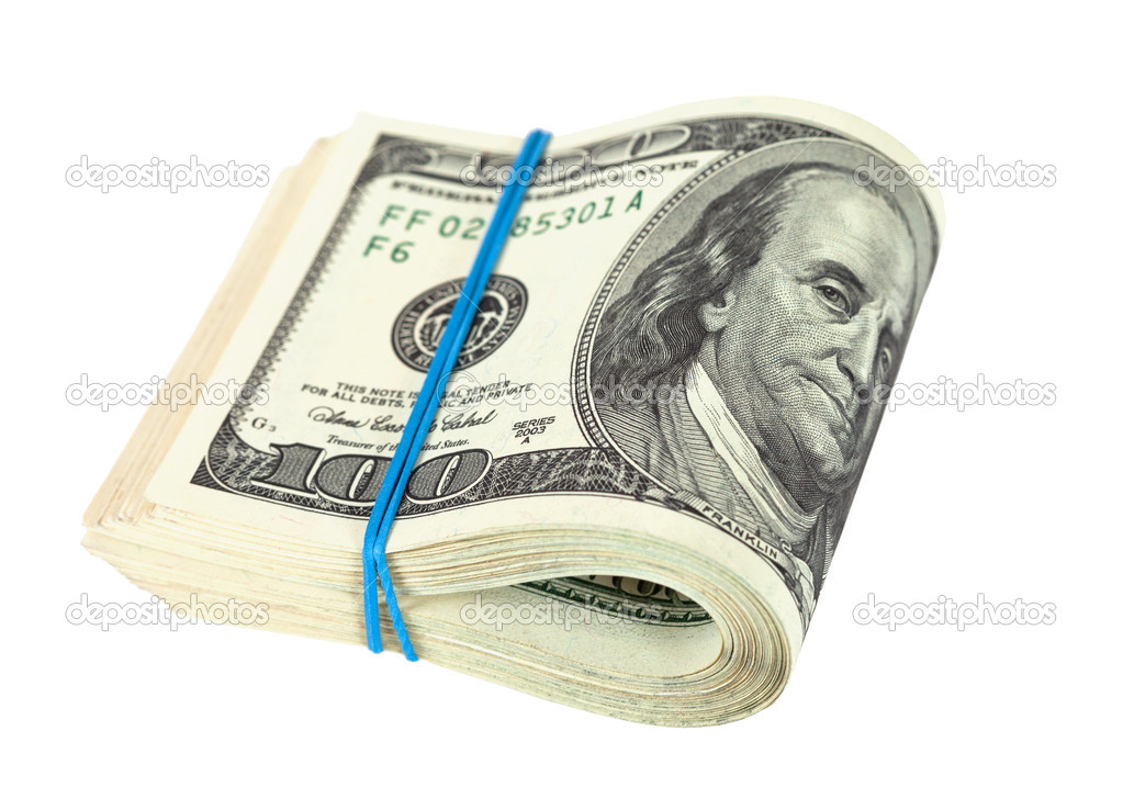 US dollars wrapped by rubber on white background