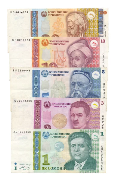 タジキスタンの白い背景で隔離の紙の通貨法案 — ストック写真