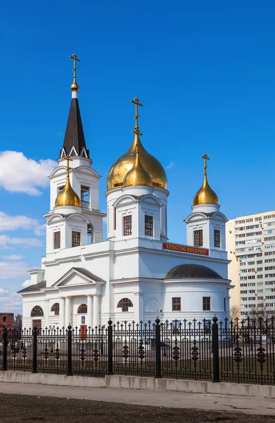 White cathedral with golden domes of the forged fence on a sunny — Stock Photo, Image