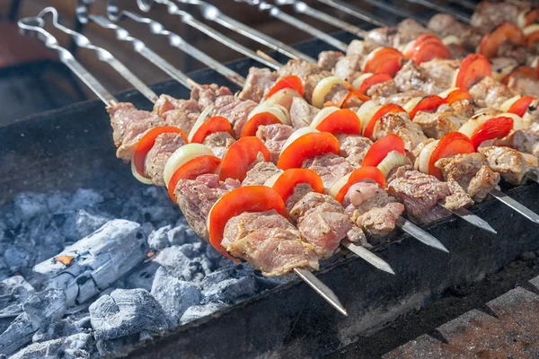 Juicy slices of meat with sauce prepare on fire (shish kebab) — Stock Photo, Image