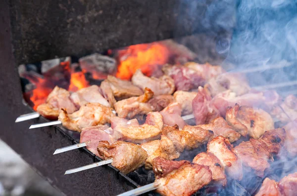 Tranches juteuses de viande avec sauce préparent sur les charbons — Photo