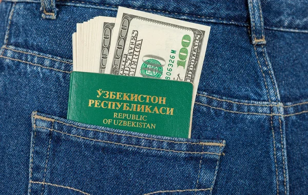 Uzbekistan passport and dollar bills in the back jeans pocket — Stock Photo, Image