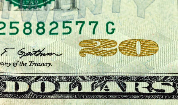 Fragment av tjugo dollar bill närbild — Stockfoto