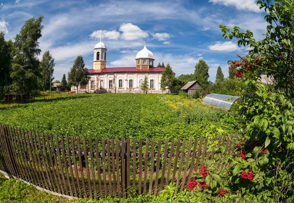 Christian orthodox church in Novgorod region, Russia. Fisheye — Stock Photo, Image