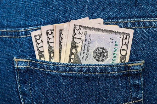 US dollar bills in the back jeans pocket — Stock Photo, Image