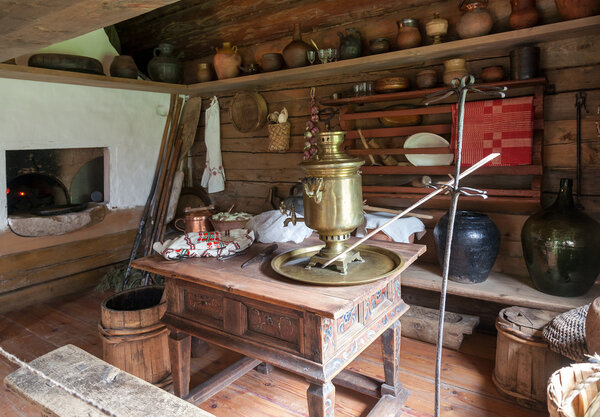 The interior of the museum of wooden architecture Vitoslavlitsy in Veliky Novgorod, Russia