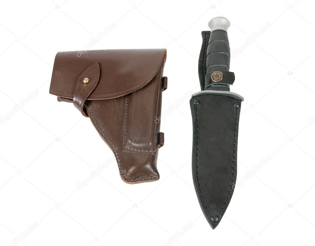 Leather holster and knife in scabbard isolated on white backgrou