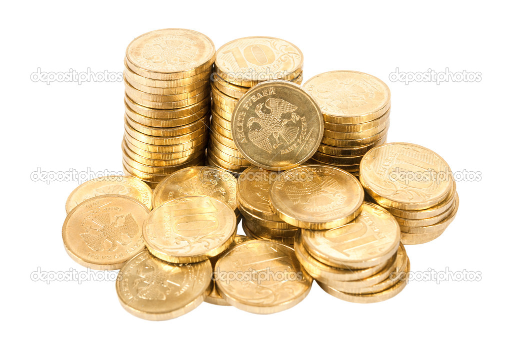 Heap of russian coins isolated on white background