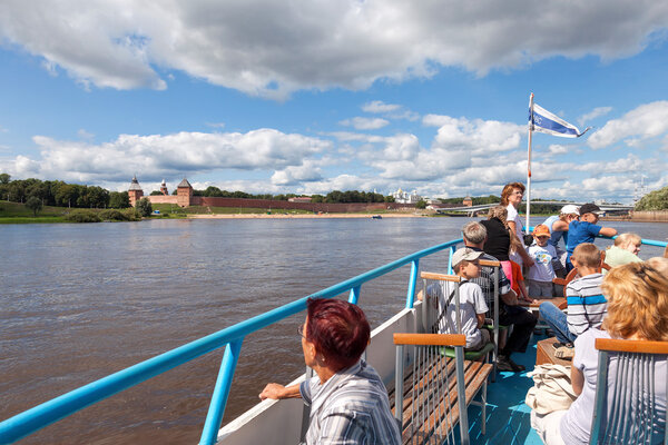 NOVGOROD VELIKY, RUSSIA - AUGUST 10, 2013: Excursion ship on the