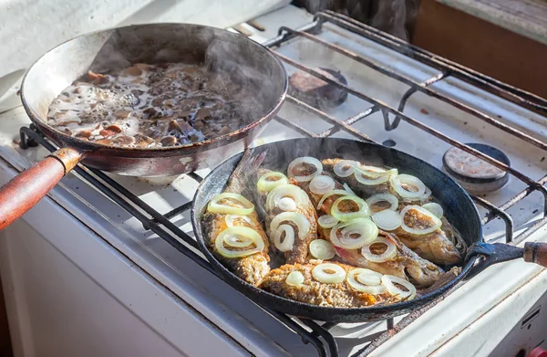 Gebratener Fisch und gebratene Pilze in den alten Pfannen — Stockfoto