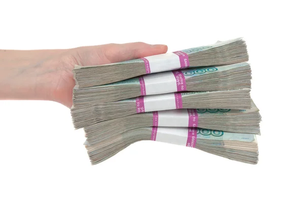 Rus ruble ile el beyaz zemin üzerine izole faturaları — Stok fotoğraf