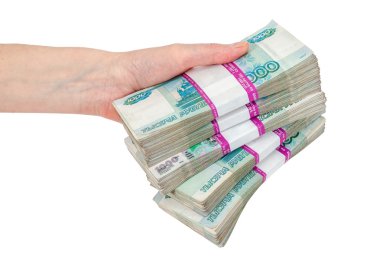 Rus ruble ile el beyaz zemin üzerine izole faturaları