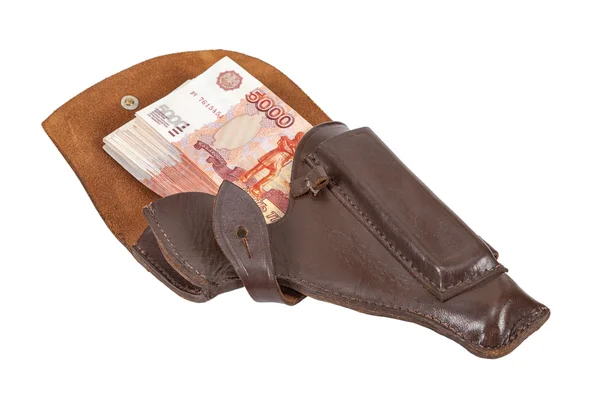 Banknotes in the brown leather holster isolated on white backgro — Stock Photo, Image