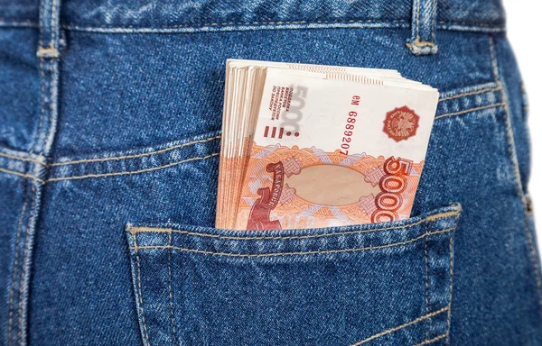 Russian rouble bills in the back jeans pocket — Stock Photo, Image