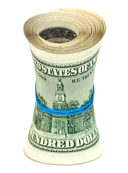 Rolka nam Dolar otoczona przez gumowe na białym tle — Zdjęcie stockowe