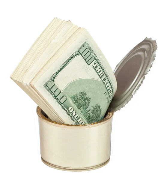 Billetes de dólares en la lata de metal aislado sobre fondo blanco —  Fotos de Stock