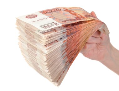 Rus ruble ile el beyaz zemin üzerine izole faturaları