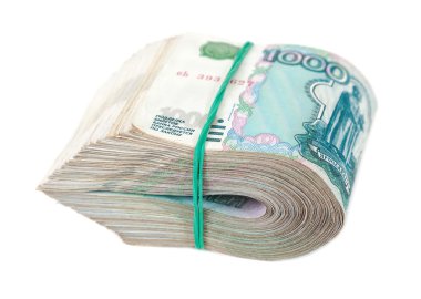 katlanmış bin Rus Rublesi faturaları üzerinde beyaz backgr izole