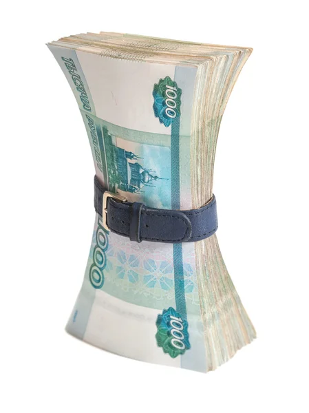 Russian rubles bills wrapped by belt isolated on white backgroun — Stock Photo, Image