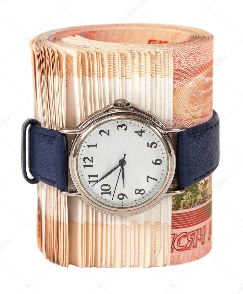 Russian rubles bills wrapped by belt with watch isolated on whit