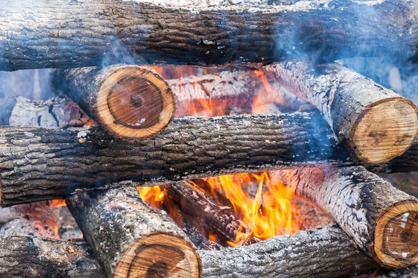 燃烧的木柴在火特写 — 图库照片