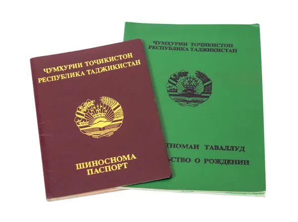 타지 키스탄 여권, 출생 증명서는 흰색 절연 — 스톡 사진