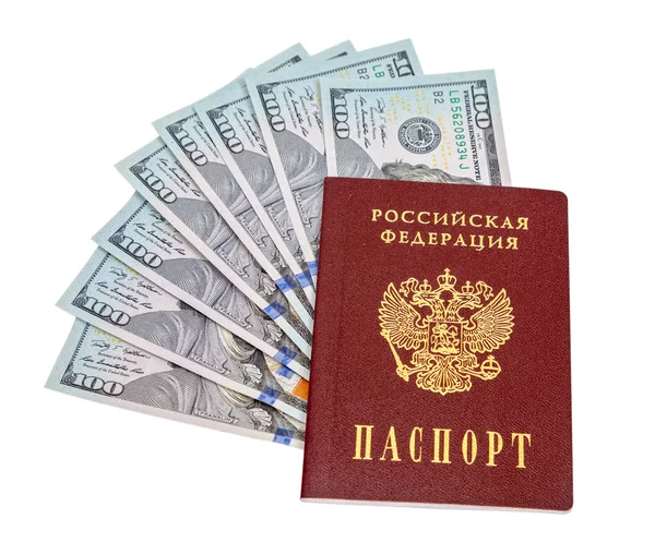 Russian passport and  dollar bills over white background — Stock Photo, Image