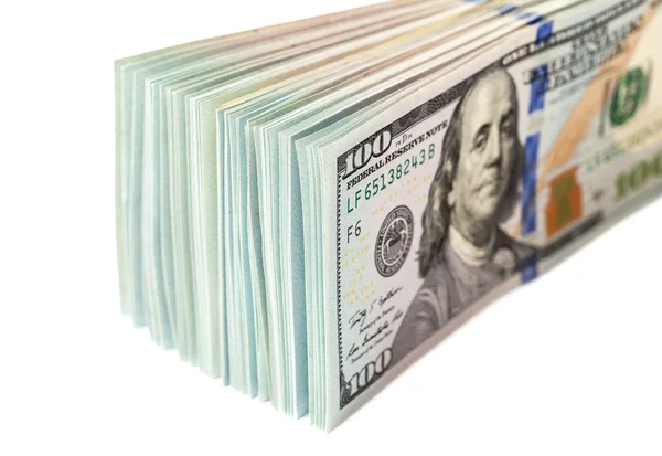 Pile of One Hundred Dollar Bills Isolated on White Background — Stock Photo, Image