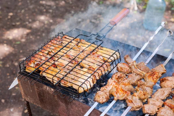 Аппетитный шашлык из свежего мяса, приготовленный на гриле из древесного угля — стоковое фото