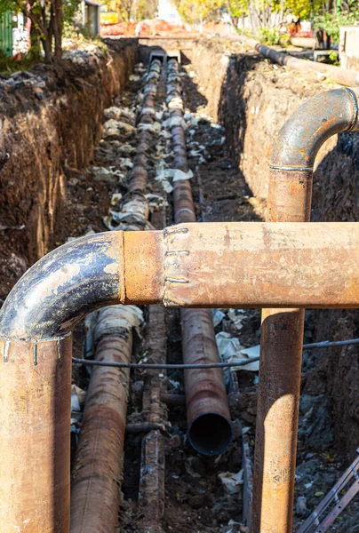 Substituição Tubos Aquecimento Modernização Sistema Aquecimento Cidade Obras Construção Grandes — Fotografia de Stock