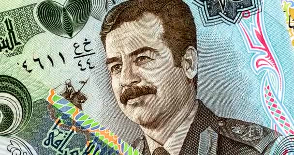 Billetes Vintage Irak Con Retrato Saddam Hussein Primeros Planos — Vídeo de stock