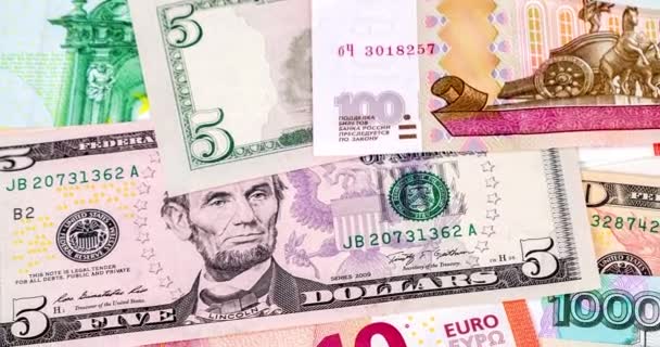 Tle Pieniądze Banknotów Euro Dolarach Amerykańskich Rosyjskich Rubli — Wideo stockowe