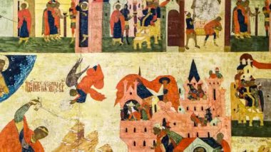 Novgorod, Rusya - 11 Ekim 2021: Antik Rus Ortodoks ikonu. Aziz George 'un 16.-17. yüzyıllardaki mucizesi.