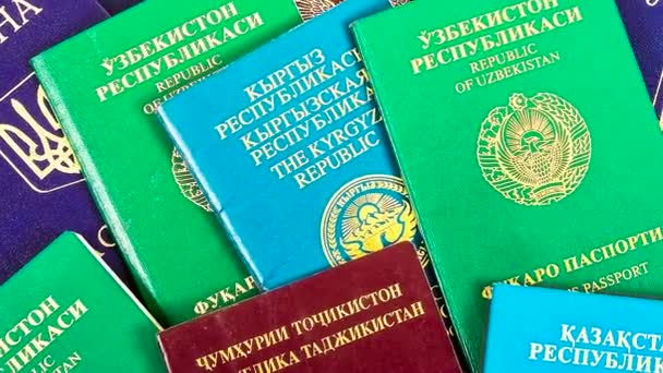 Different Foreign Passports Creative Colorful Background — Stock Video